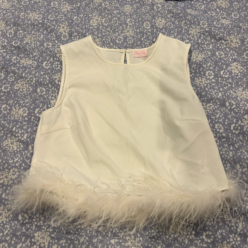 White Sleeveless Top with Feather Trim